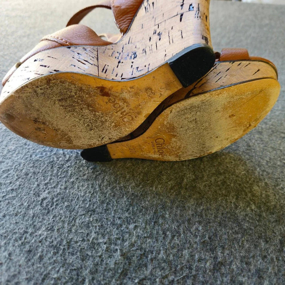 CHLOE Renna Cork Wedge Sandals 38 Act 36 Cognac Leather Strappy Platform CH16066